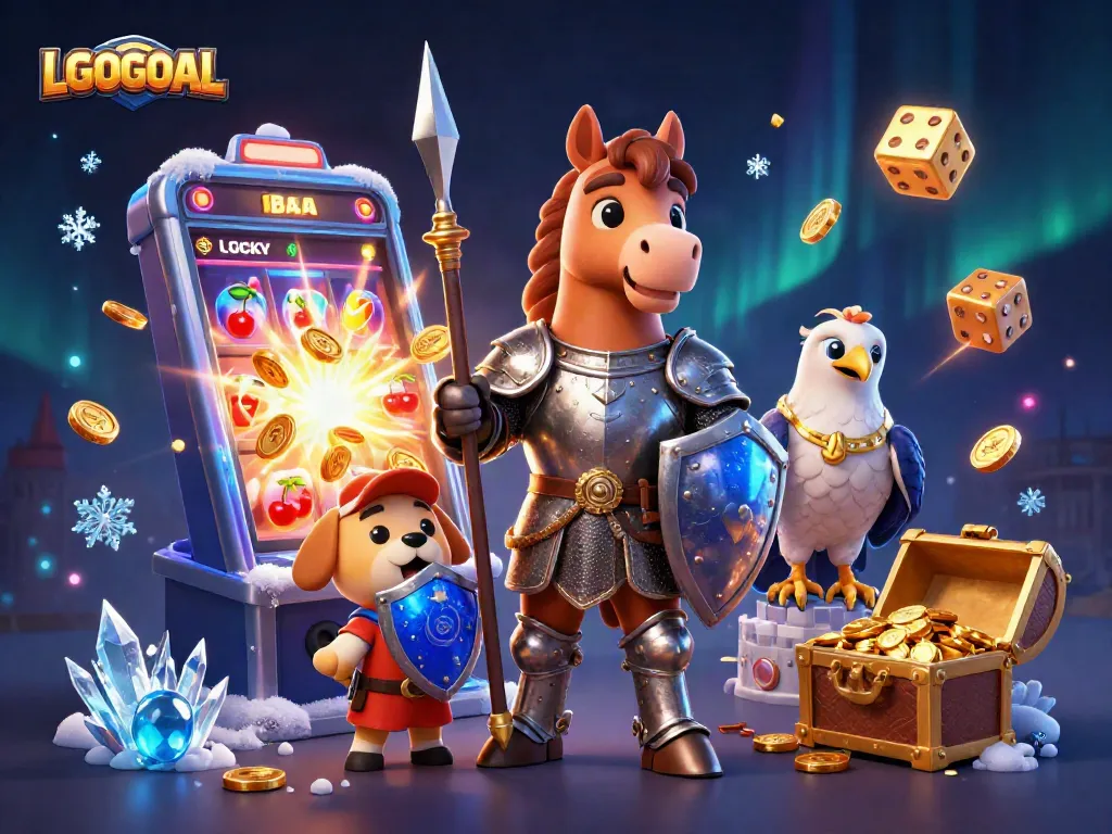 Experience winning thrills with LGOGOAL in this vibrant casino-themed illustration featuring knights and dazzling games.