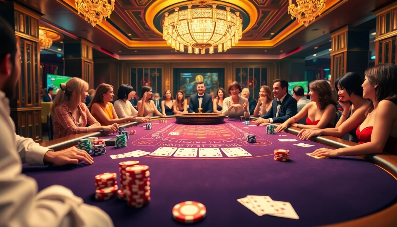 Enthusiastic players enjoying a game of blackjack at tg88pro.com, surrounded by vibrant casino elements.