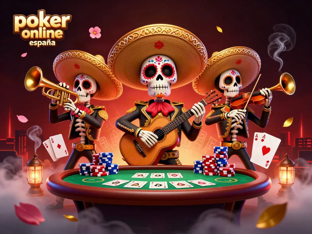Disfruta del póker online en España con la banda mariachi en una escena vibrante llena de acción y emoción.