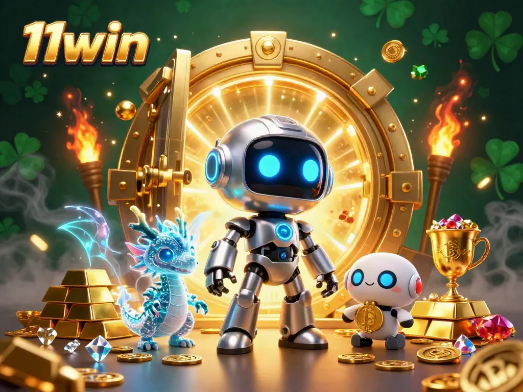 Experience 11win's thrilling 3D casino adventure with a vibrant robot mascot and glittering treasures.