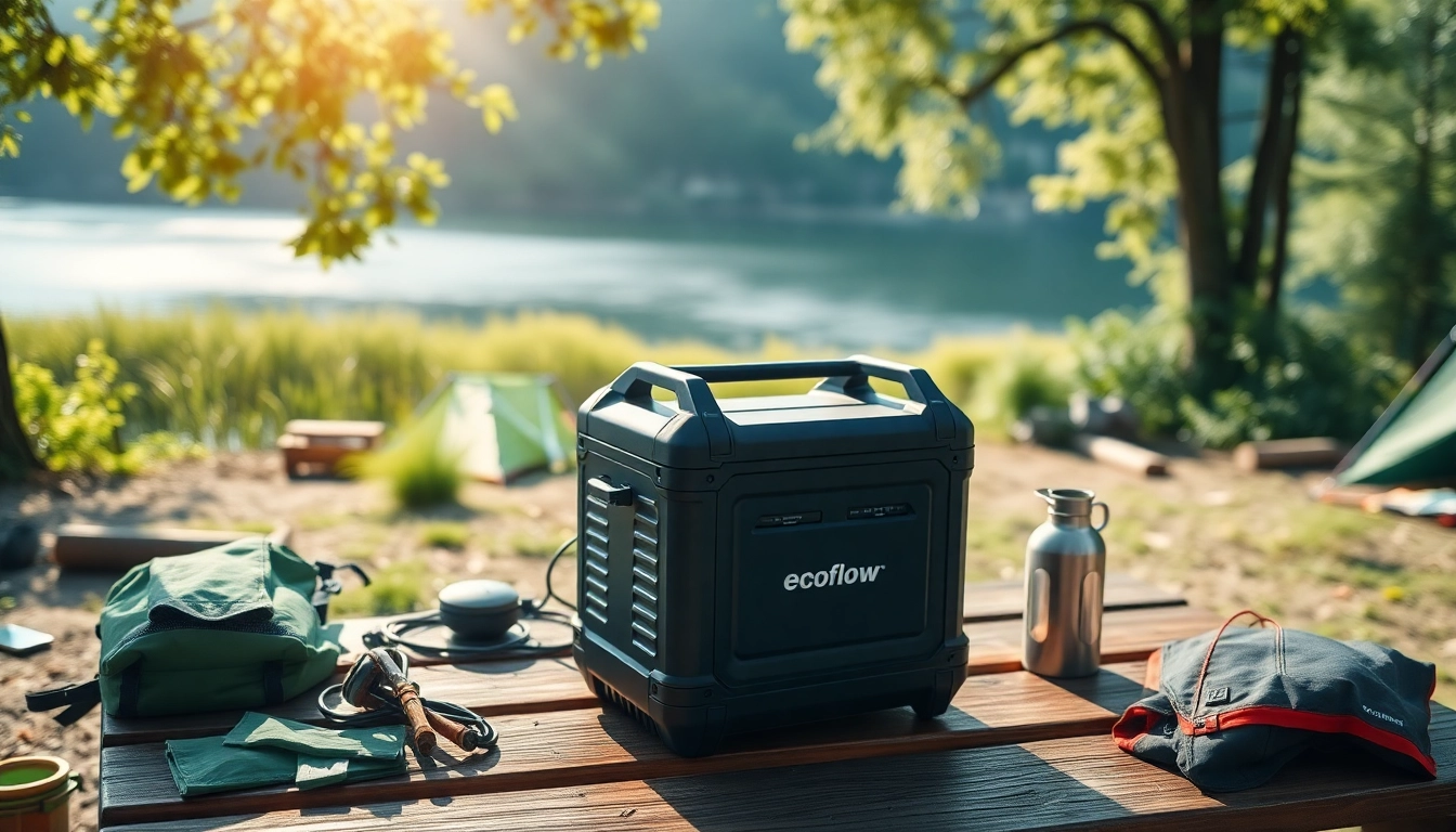 EcoFlow portable power station in a serene outdoor setting, illustrating its use in camping.
