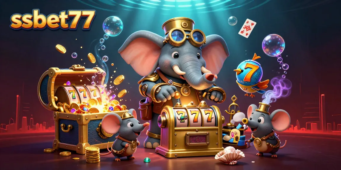 Play the exciting slot games at ssbet77 with a steampunk elephant engineer operating a golden slot machine.