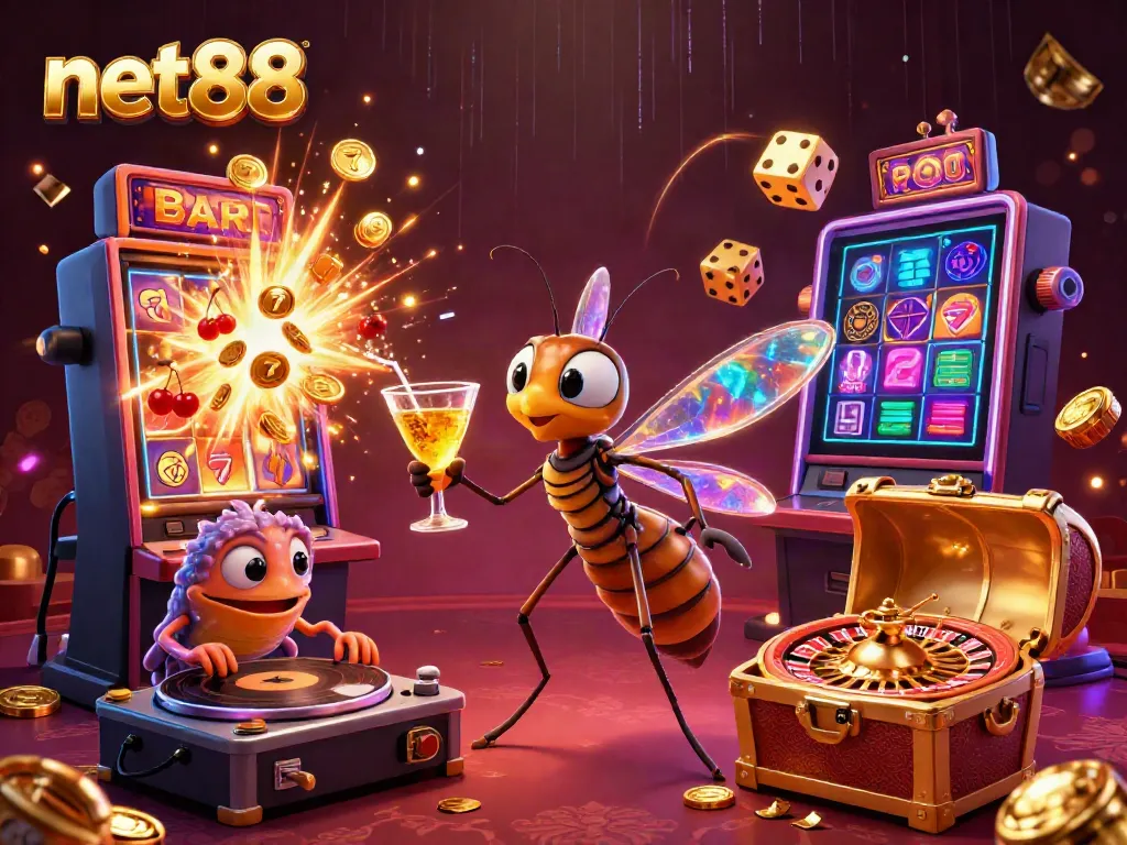 Experience the excitement of net88 with a dynamic casino scene featuring animated characters and thrilling game elements.