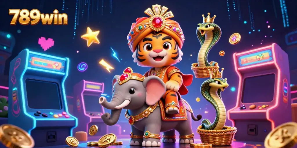 Engage with 789win in a colorful 3D cartoon casino world featuring an Indian maharaja tiger, elephant, and cobra.