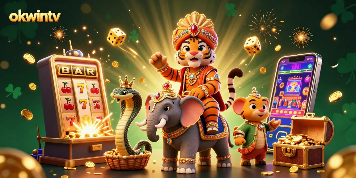 Experience thrilling wins with okwintv in this vibrant 3D casino illustration showcasing slot machines and gaming excitement.