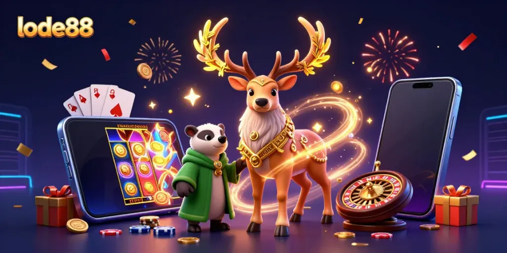 Experience the excitement of lode88 with colorful slots, dynamic casino elements, and magical characters in a captivating 3D scene.