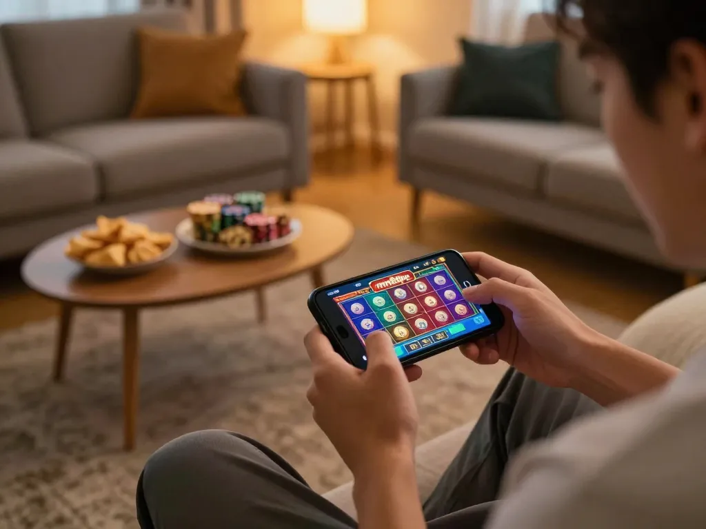 Engaged player enjoying mm88pc mobile casino app gameplay, demonstrating mobile gambling excitement.