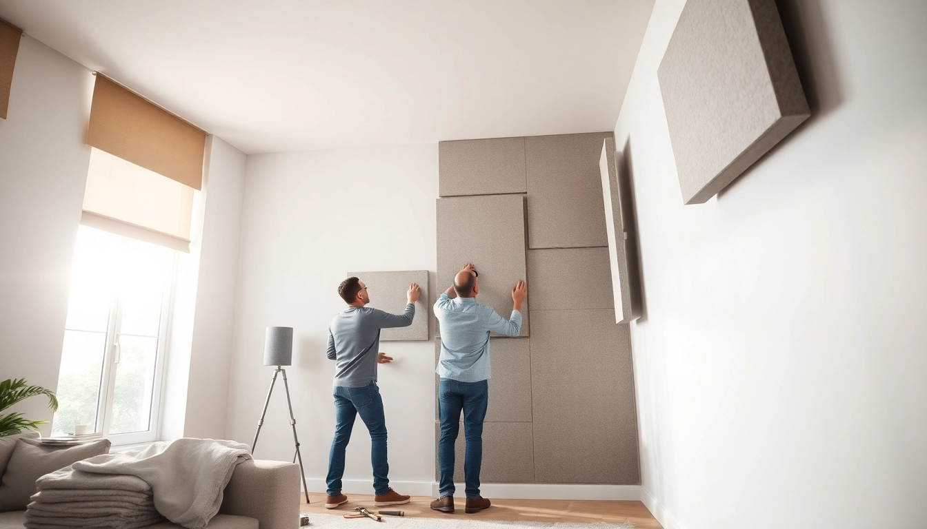 Soundproofing installation with professional tools and acoustic panels in a modern home.