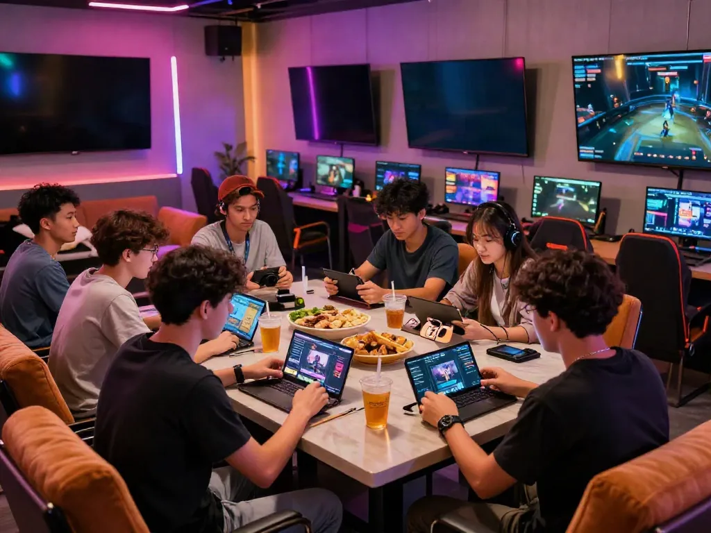Friends enjoying the ku88 gaming app in a vibrant gaming lounge.