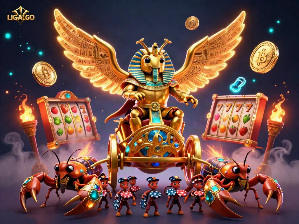 LIGALGO casino illustration featuring a golden scarab beetle and magical elements for immersive gaming experience.