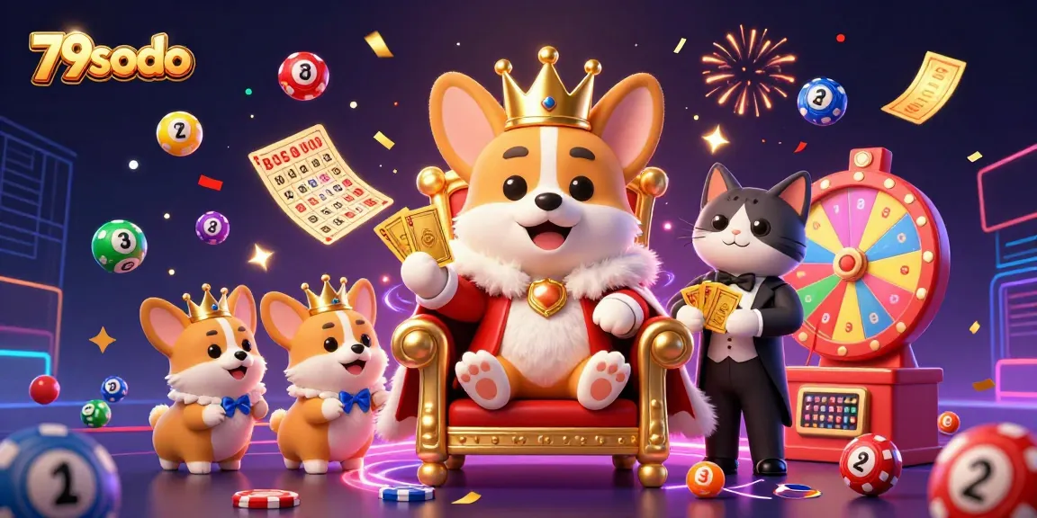 Experience 79sodo with a lively scene featuring a royal corgi enjoying a casino atmosphere, vibrant gaming elements abound.