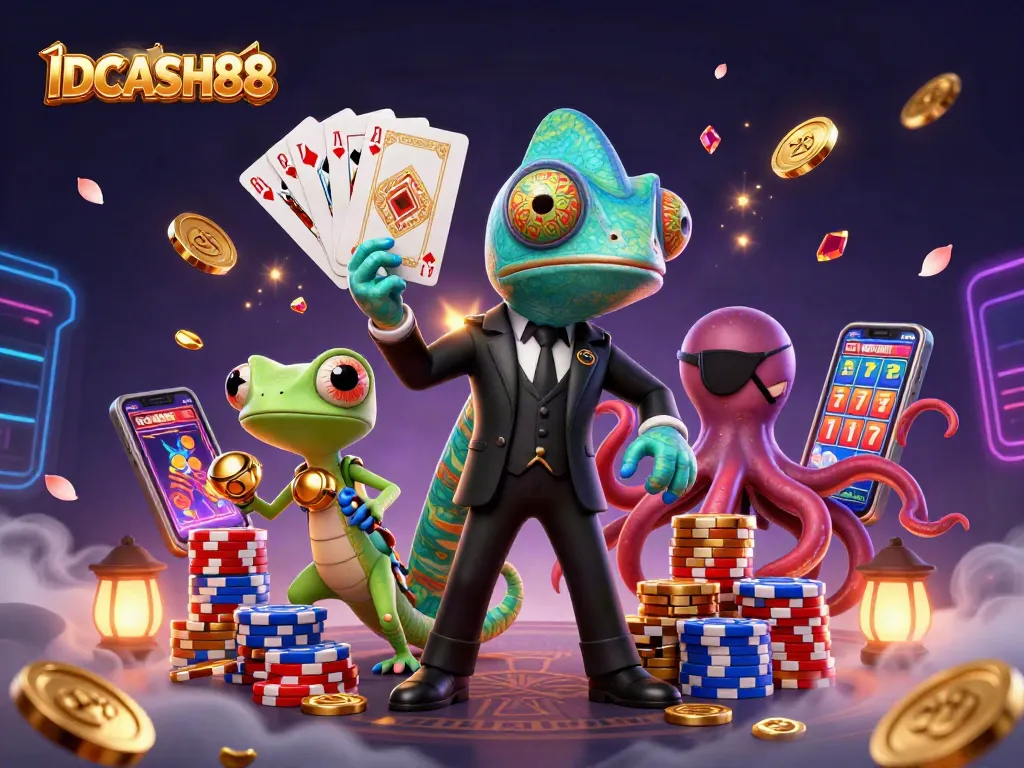 Experience thrilling gameplay at IDCASH88 with a secret agent chameleon, tech-gecko, and treasure-filled casino scene.
