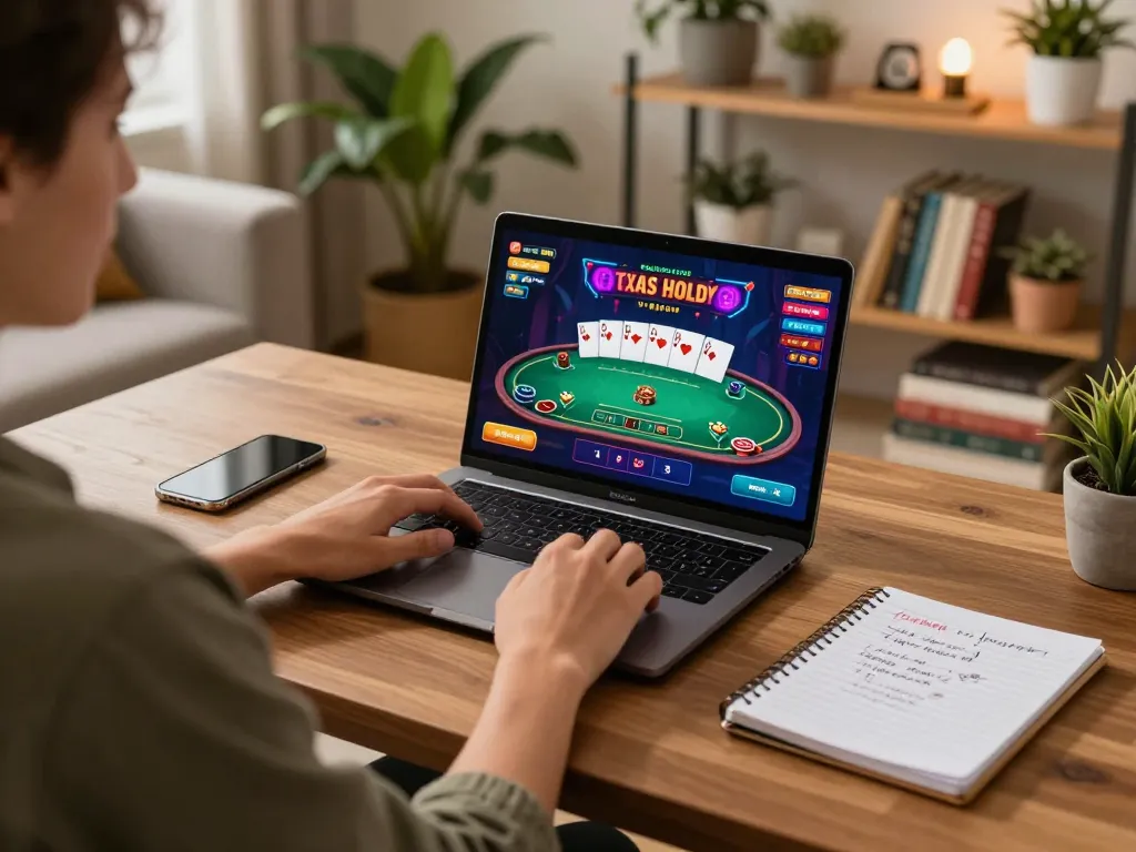 Player enjoying an online poker game on nhacaiuytin's platform in a cozy home environment.