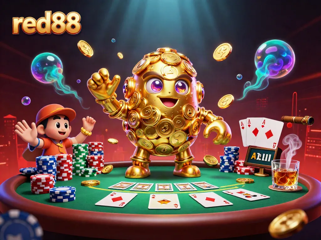 Experience the excitement of red88 with a dynamic scene of a golden golem and poker elements.