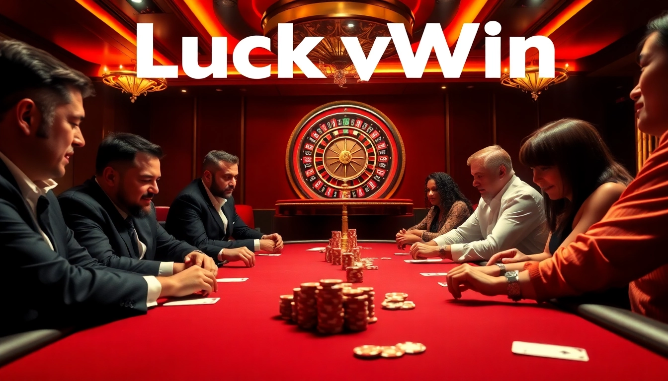 Engaged players at LuckyWin poker table amid vibrant casino atmosphere.