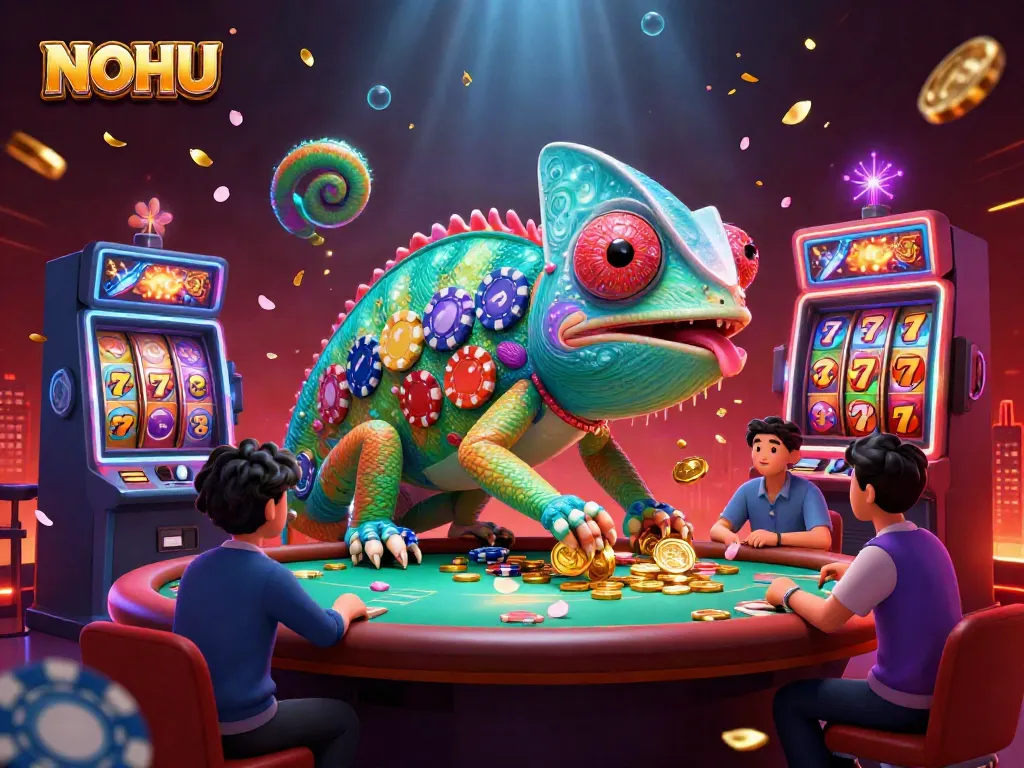 NOHU's vibrant online casino scene featuring colorful slot machines, festive decorations, and a charming chameleon.