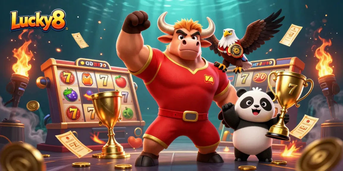 Experience excitement with Lucky8 in this dynamic 3D casino illustration featuring slot reels and vibrant game elements.