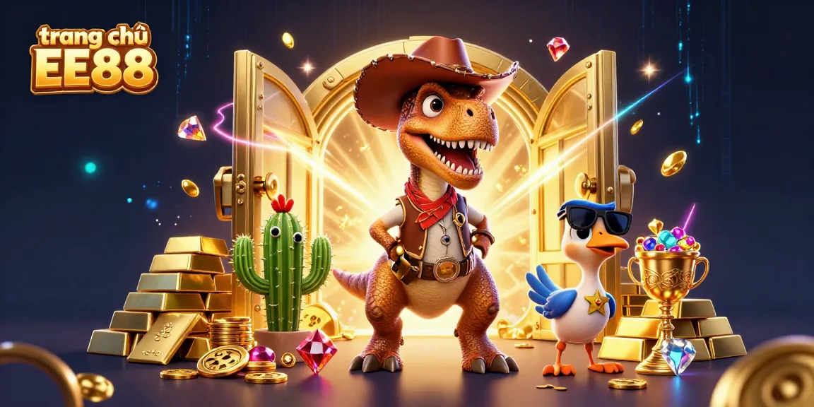 Engage in thrilling adventures on trang chủ EE88, featuring a vibrant 3D scene with a dinosaur and treasures!