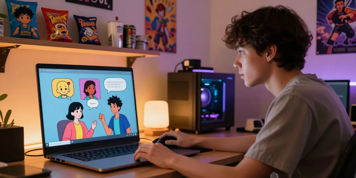 Engaging character ai nsfw chat scene with user interacting on laptop in cozy digital environment.