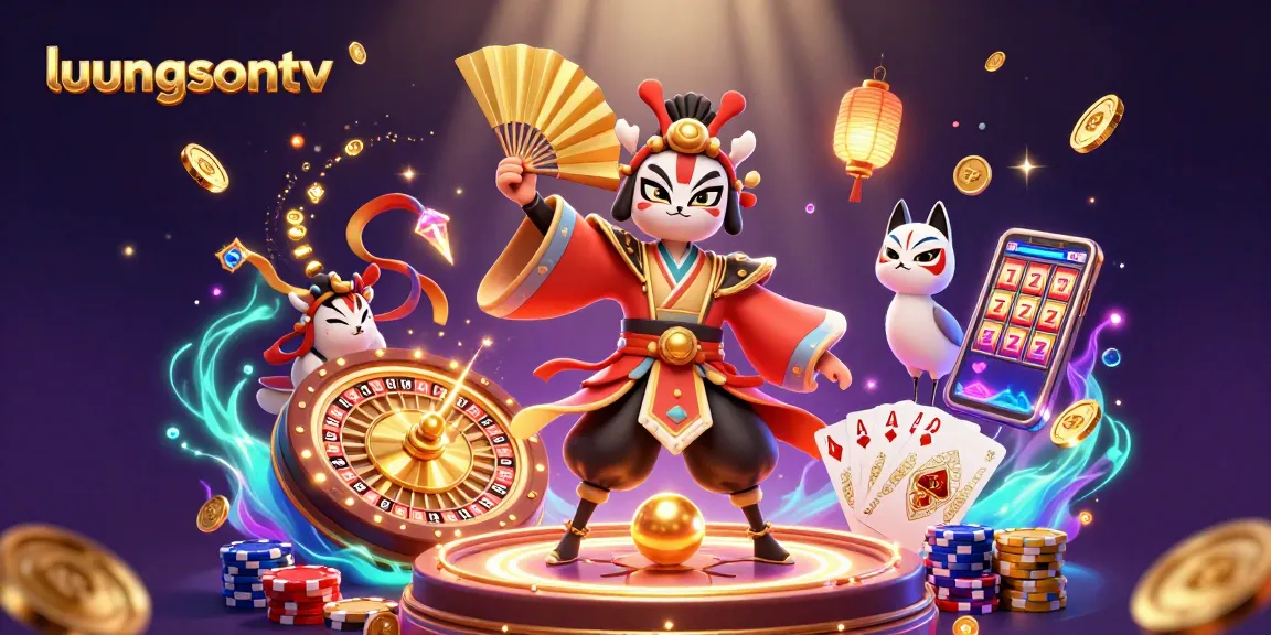 Experience the excitement of luongsontv with this vibrant 3D casino scene featuring kabuki warrior and game elements.