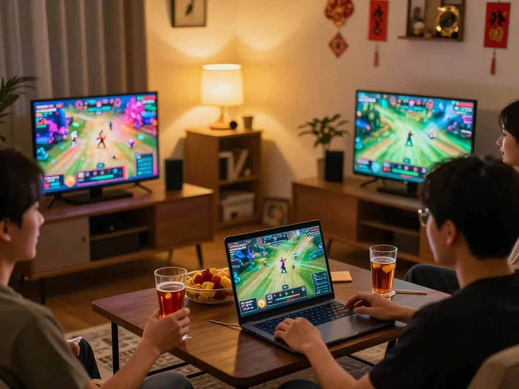 Enjoying đá gà trực tiếp thomo in a lively home setting with friends and multiple screens showcasing live matches.