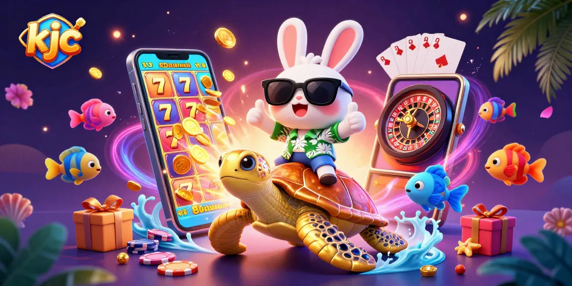 Play popular slot games with kjc featuring a lucky rabbit and a golden turtle in an exciting casino scene.