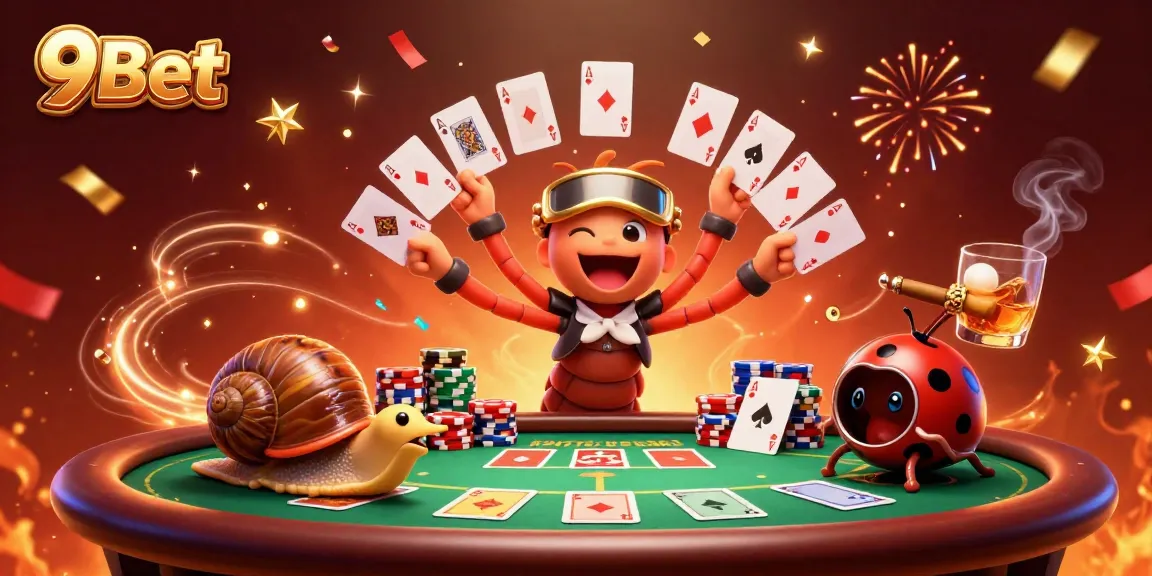 Engage with the vibrant world of 9Bet poker featuring a millipede dealer and a high-roller snail.