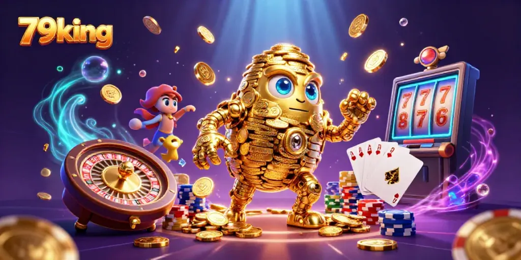 Spin the reels with 79king's golden golem, surrounded by cascading gems and casino treasures.
