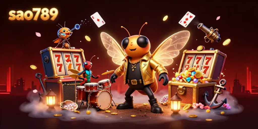 Sao789 promotes excitement and winning with a vibrant 3D casino scene featuring characters and dynamic gaming elements.