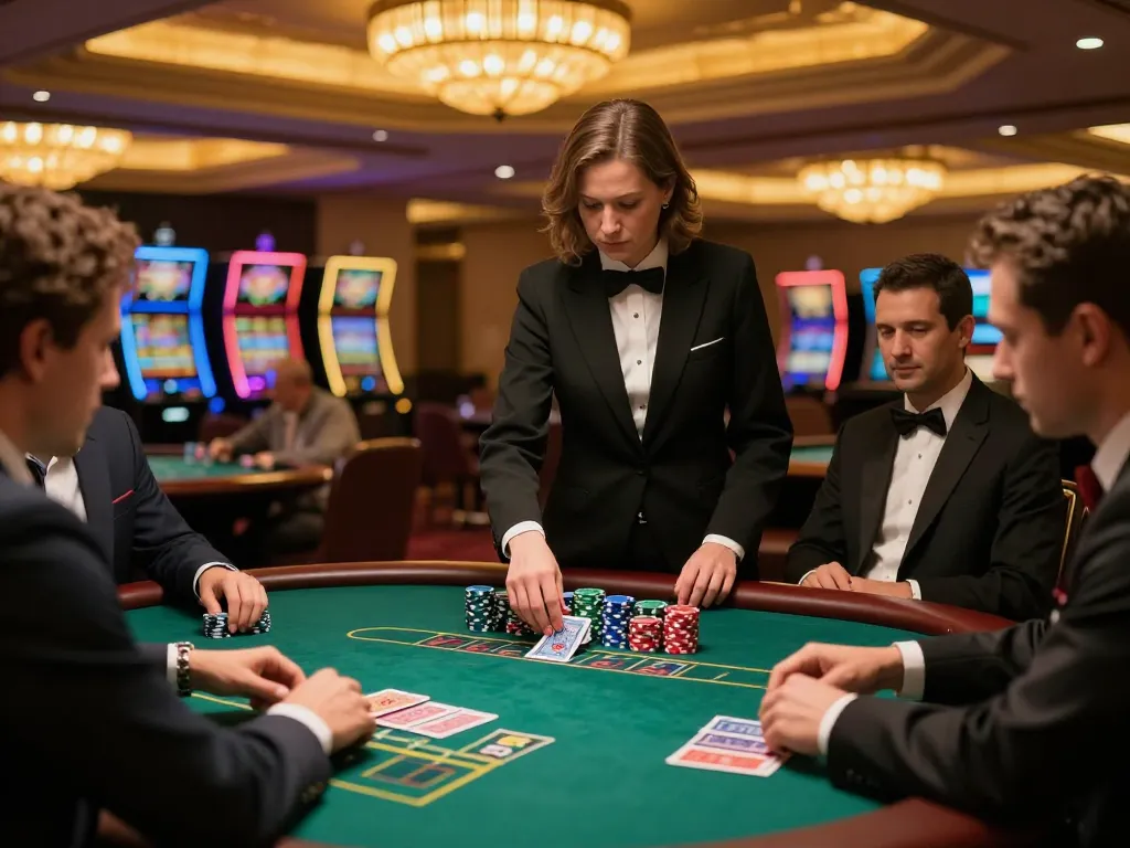j88 player placing a bet on an elegant blackjack table in a lively casino setting