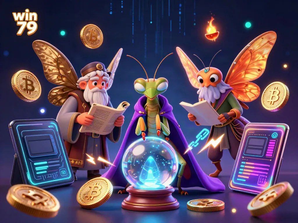Engage in the world of win 79 with mystical fortune telling and crypto-inspired casino elements in vibrant 3D illustration.
