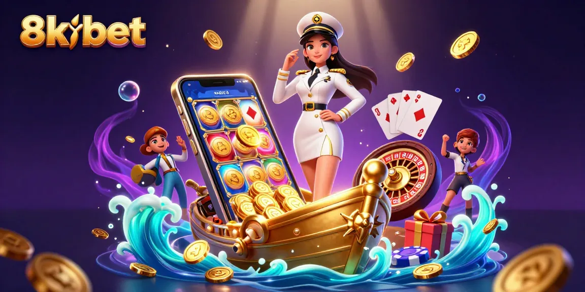 Experience thrilling games with 8xbet in a vibrant, 3D illustration showcasing roulette, slots, and poker elements.