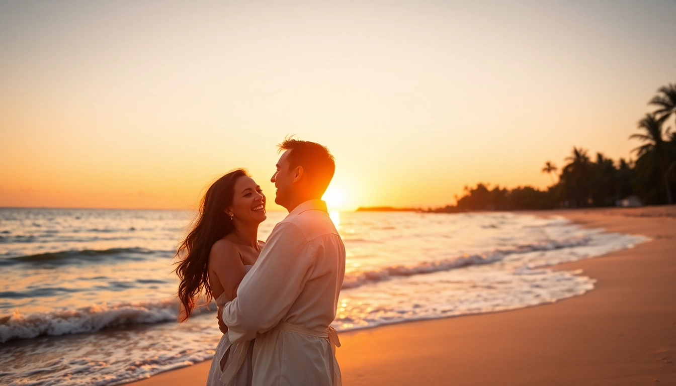 Destination photographer capturing a romantic beach sunset with a couple in the foreground.