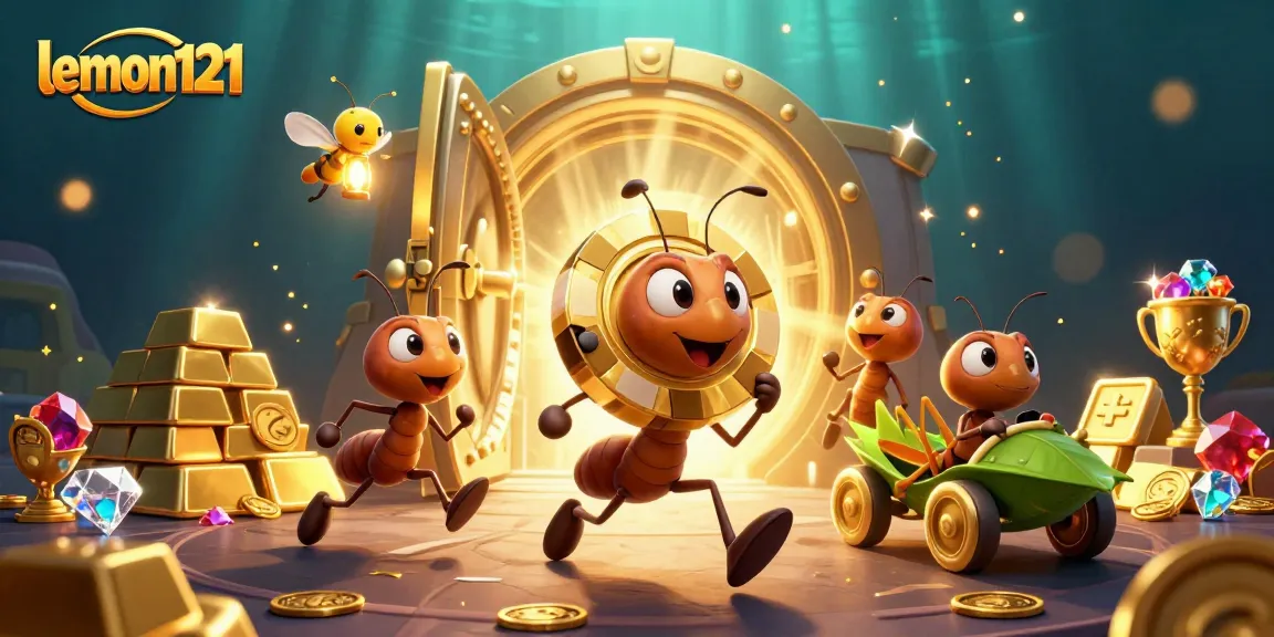 Experience the thrill of lemon121 with ants carrying a giant poker chip in a vibrant casino heist scene.
