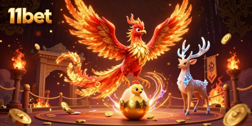 Experience thrilling gaming action with 11bet as a fiery phoenix soars over golden coins.