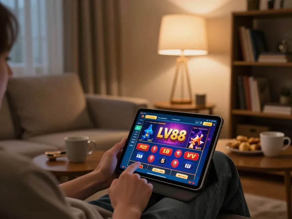 Engaging with the LV88 app for mobile betting in a cozy living room setting with warm lighting.