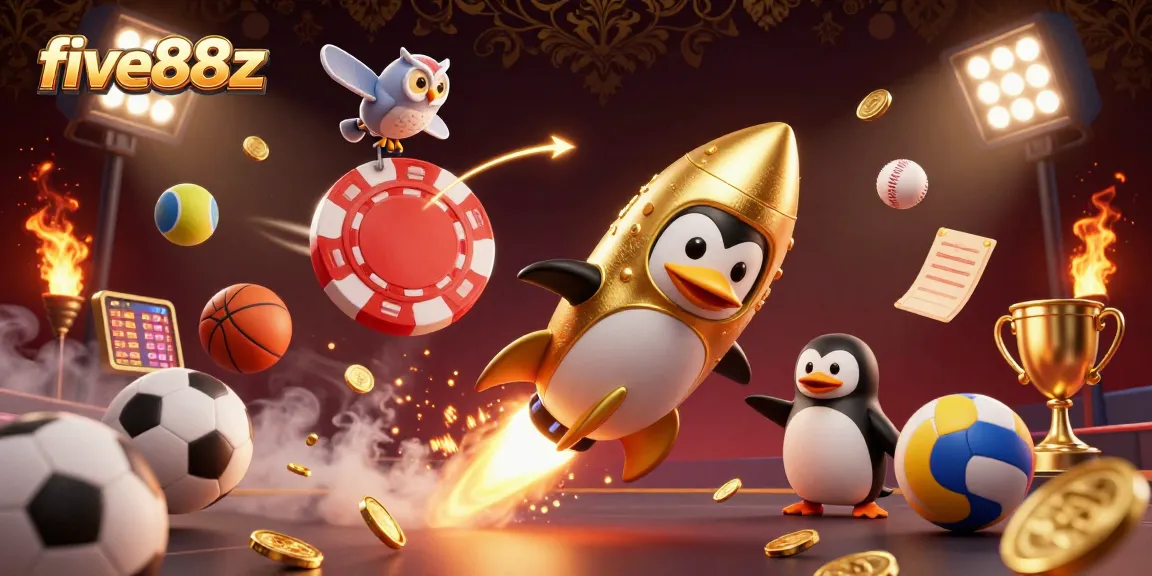 Experience five88z's thrilling space casino adventure with a golden penguin and flying sports elements.