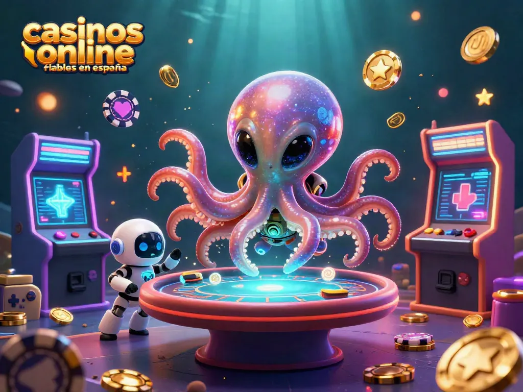 Juego en un casino en línea fiable en España, donde un pulpo alienígena maneja una mesa de póker holográfica.