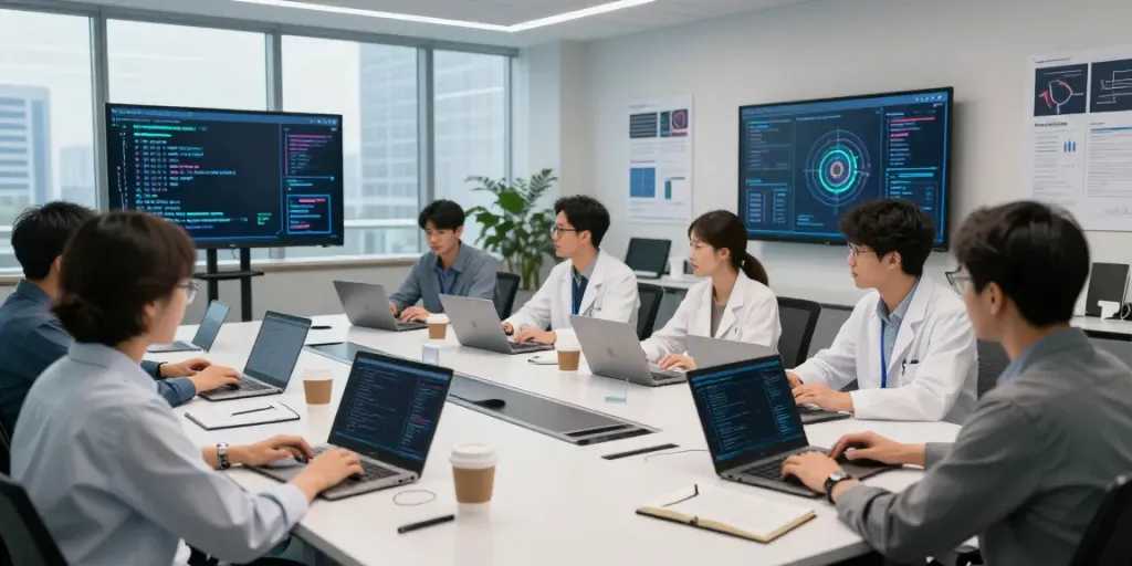 Team collaborating on enterprise AI project in a modern lab setting with digital displays.