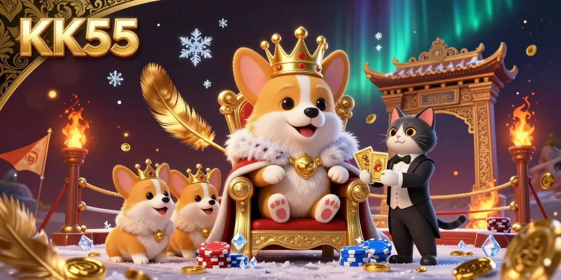 Experience the excitement of KK55 with a royal corgi on a poker chip throne, surrounded by a lavish casino setting.