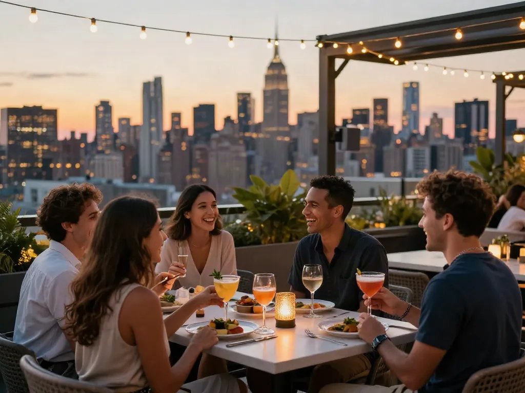 Friends enjoying cocktails and food at NoHu Rooftop Bar with NYC skyline at sunset.
