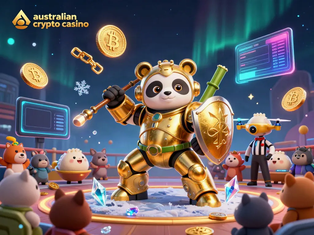 A vibrant scene capturing an australian crypto casino showcasing a mech-suit golden panda in battle against crypto elements.