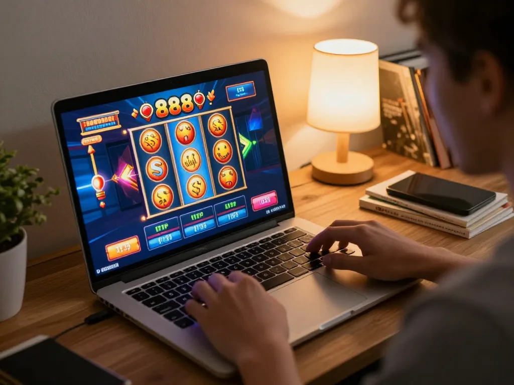 Engaging gameplay of slot888 on a laptop, showcasing colorful slot interface and home comfort
