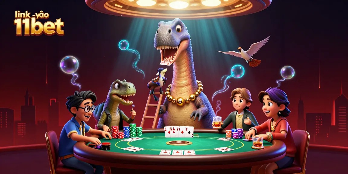 Engage with link vào 11bet while enjoying this intricate casino scene featuring a brontosaurus and raptor dealer.