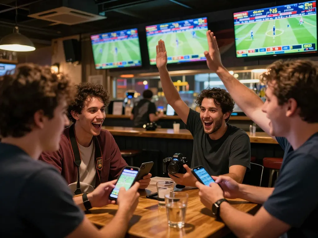 Net88 sports betting enthusiasts celebrating wins in a lively sports bar atmosphere