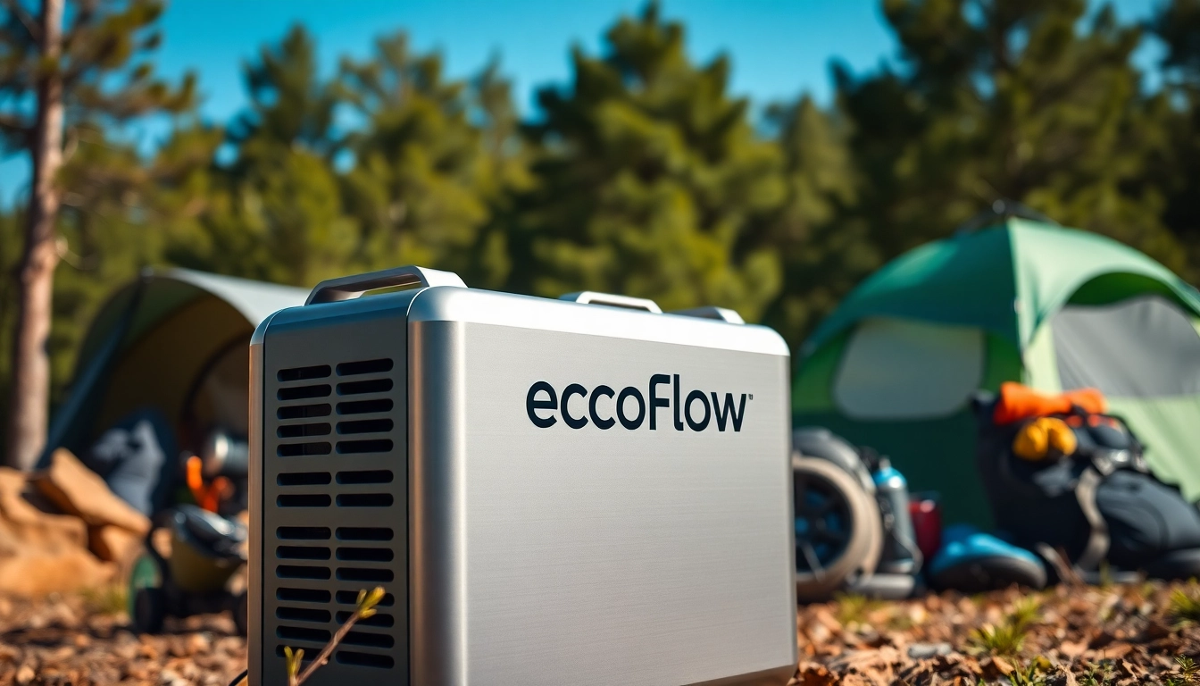 EcoFlow power station showcased in a natural outdoor environment with camping gear.