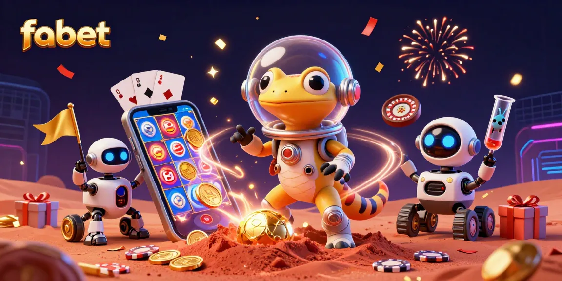 Engage with fabet, a Martian gecko exploring a golden casino with exciting slot games.