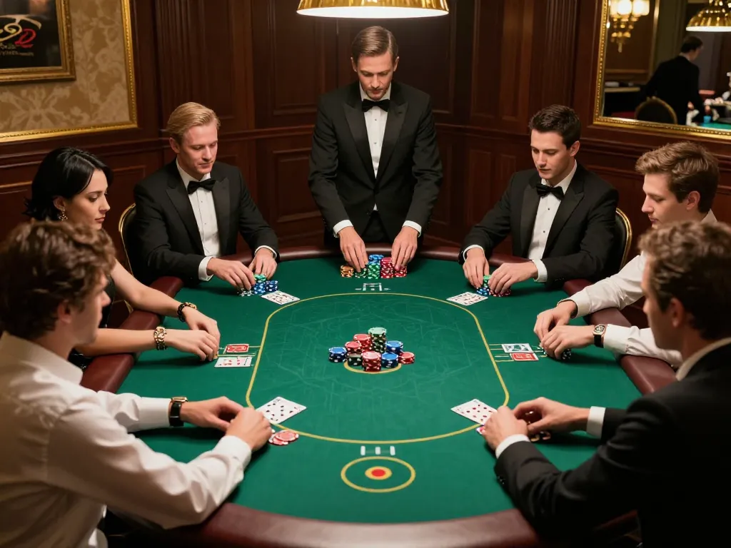 Players engaged in a strategic poker game at an upscale casino while promoting FLY88's gaming experience.