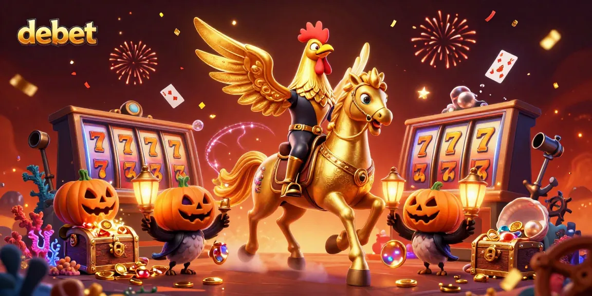 Experience the excitement of debet with a thrilling golden rooster riding through a vibrant casino.