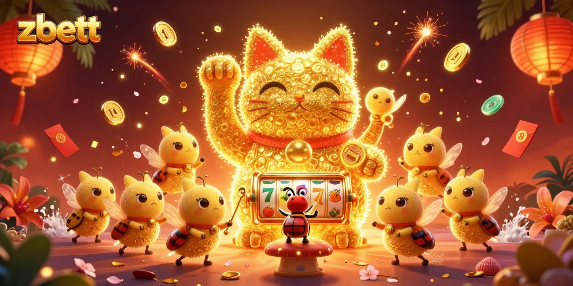 Engage with zbett's vibrant casino world, showcasing a lucky cat and dynamic game symbols.